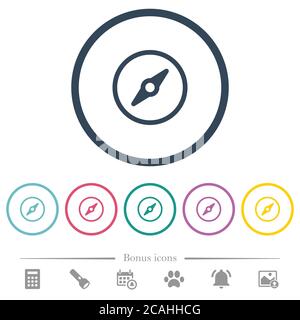 Simple compass flat color icons in round outlines. 6 bonus icons included. Stock Vector