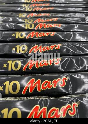 Viersen, Germany - July 9. 2020: Closeup of isolated Mars chocolate bars in a row Stock Photo