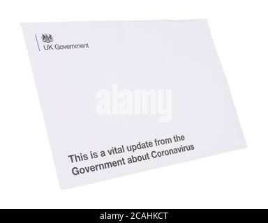 Letter envelope from United Kingdom Government to every household in UK with vital updates about Coronavirus and lock down rules, isolated on white