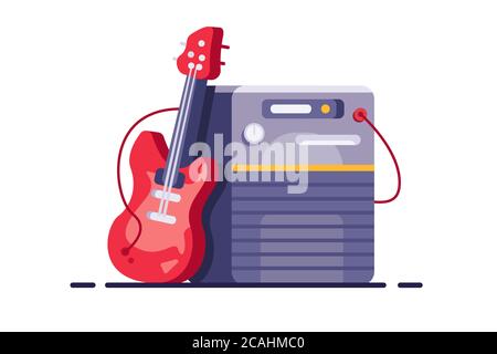 Guitar amplifier with speaker and guitar in flat style. Stock Vector