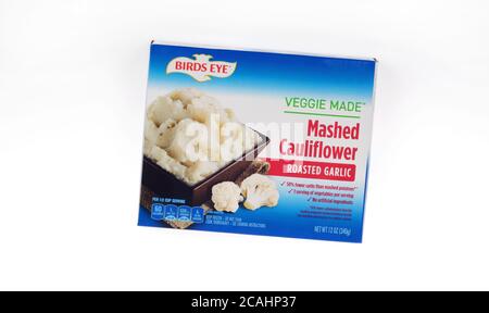 Birds Eye Veggie Made Mashed Cauliflower with Roasted Garlic box on white Stock Photo