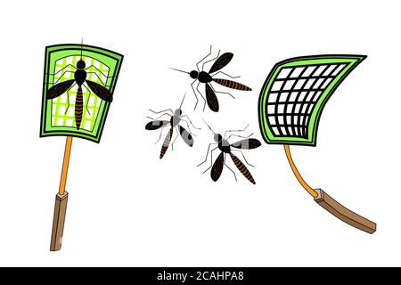 Mosquitoes and swatter isolated on white background. Tool for destruction of insects at home. Plastic palette trapping insects net racket.Stock vector Stock Vector