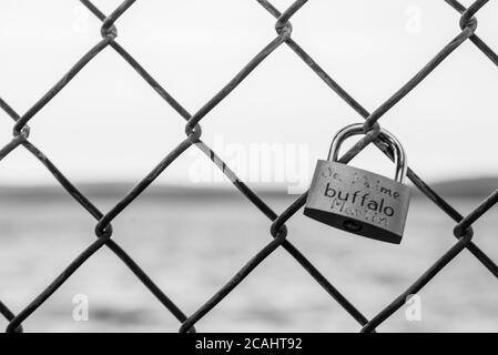 Magog, Canada - July 26 2020: Love lock on a fence Stock Photo