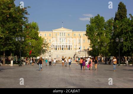 ATHENS, GREECE -AUGUST 12 2016: View of Syntagma Square towards the Old Royal Palace, now Parliament, in Athens Stock Photo