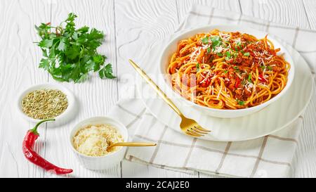 close-up of spaghetti with pork sausages ragout, tomatoes spices sprinkled with shredded parmesan cheese and chopped parsley in a white bowl, landscap Stock Photo