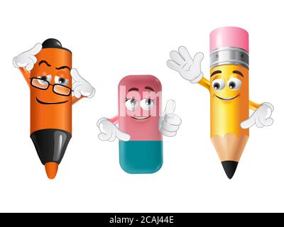 Back to School concept. 3D illustrations of pencil, eraser and marker emoticons characters isolated on white background. Stock Photo