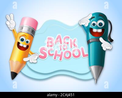 Back to School concept. 3D illustrations of pencil and pen emoticons characters in front of banner. Back to school text at the banner. Stock Photo