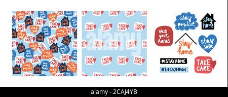 CoronaVirus Covid-19 set of two patterns letterings and icons. Seamless vector backgrounds stickers Stay home, Wash your hands, Take Care and others Stock Vector