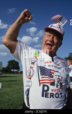 Enthusiastic supporter of third-party presidential candidate Ross Perot  wears Perot-branded tee shirt, cap and campaign buttons at Perot's 4th of  July campaign rally at the Southfork Ranch in Plano, Texas. ©Bob Daemmrich  Stock Photo - Alamy