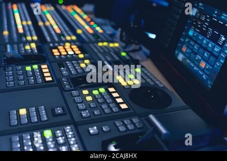 Inside an outside broadcasting truck: Video Switcher Stock Photo