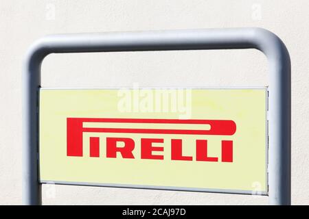 Creches, France - March 15, 2020: Pirelli logo on a panel. Pirelli is a multinational company based in Milan, Italy Stock Photo