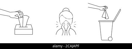 Woman with runny nose throws away facial tissue into a trash can. Safely dispose used paper tissues. Coronavirus prevention. Personal hygiene. Vector Stock Vector