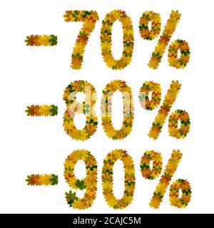 Discount seventy, eighty, ninety percent. Text from yellow, green and orange maple autumn leaves. Isolate on white background. Stock Photo