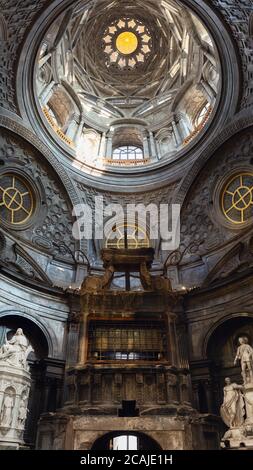 TURIN, ITALY - MARCH 7, 2019: view of the holy shroud chapel inside the cathedral of Turin, restored in 2018. Detail of the altar and baroque dome, ma Stock Photo