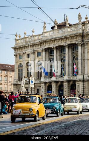TURIN, ITALY - SEPTEMBER 24, 2017 - Old Fiat 500 parade during a classic car rally in Piazza Castello Square, Turin (Italy) on september 24, 2017. Tur Stock Photo