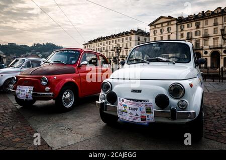 TURIN, ITALY - SEPTEMBER 24, 2017 - Two old Fiat 500 during a classic car rally in Vittorio Veneto Square, Turin (Italy) on september 24, 2017. Turin Stock Photo