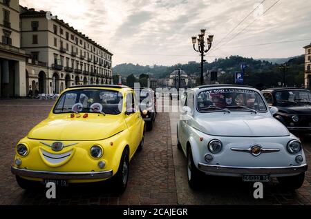 TURIN, ITALY - SEPTEMBER 24, 2017 - Two old Fiat 500 during a classic car rally in Vittorio Veneto Square, Turin (Italy) on september 24, 2017. Turin Stock Photo