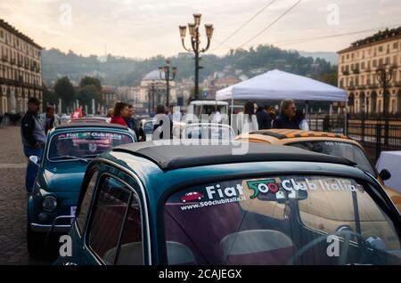 TURIN, ITALY - SEPTEMBER 24, 2017 - Old Fiat 500 classic car rally in Vittorio Veneto Square, Turin (Italy) on september 24, 2017. Turin was the city Stock Photo