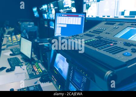 Television Broadcast, working with video and audio mixer, control broadcasts in recording studio. Stock Photo