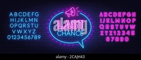 Last chance neon sign on brick wall background. Stock Vector