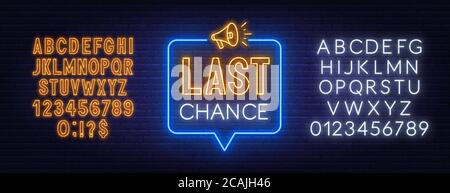 Last chance neon sign on brick wall background. Stock Vector