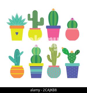 Cactus icons in a flat styled. Home plants cactus in pots and with flowers. A variety of decorative cactus with prickles and without. Vector illustrat Stock Vector