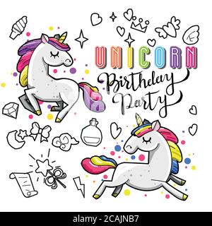 Cute unicorn collection with magic items, rainbow, fairy wings, crystals, clouds, potion. Hand drawn line style. Vector doodles illustrations. Stock Vector