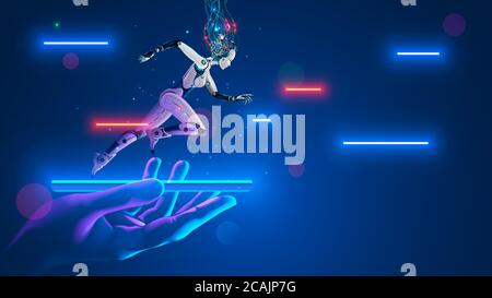 AI Robot cyborg running on screen smartphone in hand. Cybernetic girl accelerates in cyberspace. Artificial intelligence, neural networks, 5g internet Stock Vector