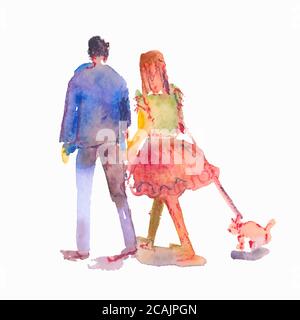 Vector illustration stylized people. Watercolor sketches. Man and woman with dog on a leash Stock Vector