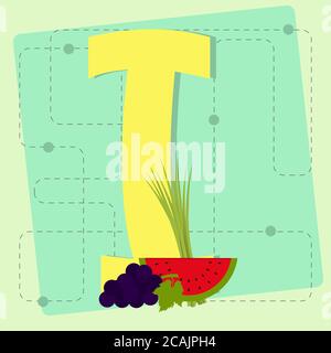 Letter 'i' from stylized alphabet with fruits and vegetables: grape, watermelon, chive Stock Vector