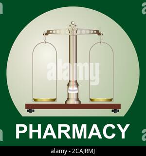 Old pharmacy, medical scales. Pharmacy. Balance of precision. Vector picture of pharmaceutical equipment, old pharmacy Stock Vector