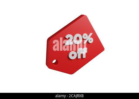 Red label with the legend 20 percent off isolated on white background. 3d illustration. Stock Photo