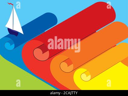 Big waves and a boat with sails floating on the waves of paper. Rolls of wavy twisted paper. Bright vector image for posters, booklets and web design. Stock Vector