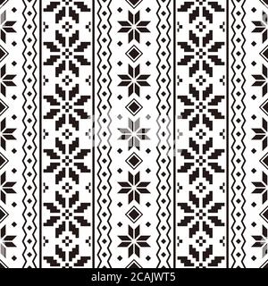 Knitted Christmas Ethnic pattern on white background. Ornament. Border. Seamless sample. Stock Photo