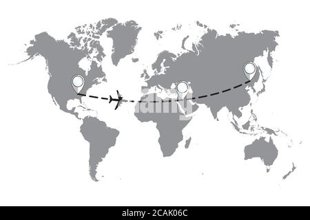 The plane and its track on the world map. Travel to World. Hand drawn plane and its track on the world map. The airplane is in a dotted line. Stock Vector
