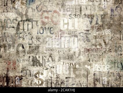 Old newspaper paper grunge with letters, words texture background. Vintage newspapers textured backdrop. Unreadable aged news lettering horizontal pag Stock Photo