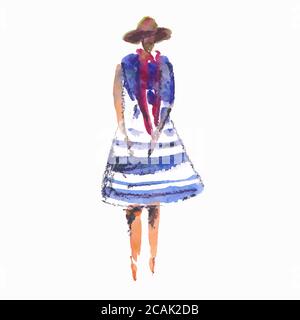 Vector illustration stylized people. Watercolor sketches. Woman dressed in striped dress Stock Vector