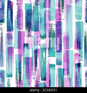 Abstract grunge cross geometric shapes contemporary art multicolor seamless pattern background. Watercolor hand drawn colorful brush strokes texture. Stock Photo