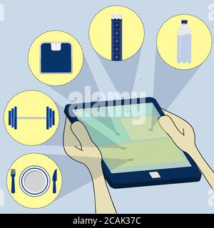 Symbols of fitness and diet in tablet: plate, fork and knife, dumbbell, bathroom scale, tape, bottle of mineral water. Surfing the tablet. Stock Vector
