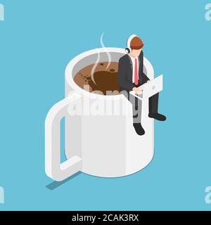 Flat 3d isometric business sitting on coffee cup and working on laptop. Coffee break and relax concept. Stock Vector