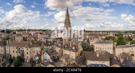 Panoramic aerial picture of historic town, Stamford, Lincolnshire, UK. Showing the rooftops and church spires of picturesque and quaint English town Stock Photo