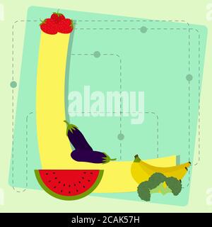 Letter 'L' from stylized alphabet with fruits and vegetables: strawberry, eggplant, watermelon, banana, broccoli Stock Vector