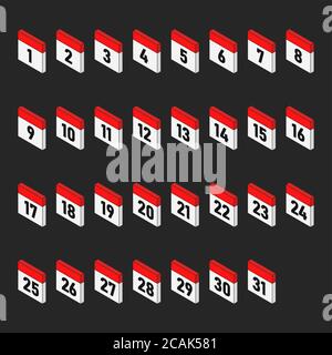 Isometric calendar days icons from 1 to 31. Deadline day in 3d style. Vector illustration on dark background Stock Vector
