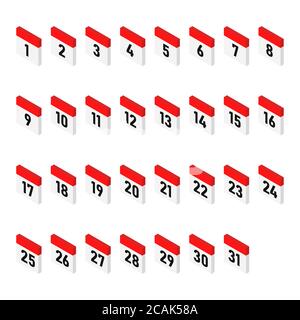 Isometric calendar days icons from 1 to 31. Deadline day. 3d style. Isolated vector illustration. Stock Vector