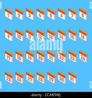 Isometric calendar days from 1 to 31. Deadline day in 3d style. Vector illustration on blue background Stock Vector