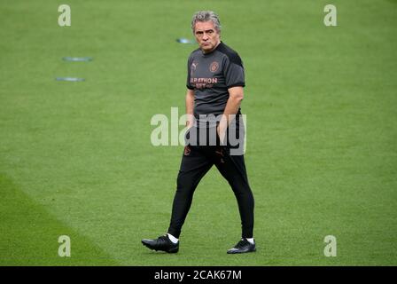 Manchester City assistant coach Juanma Lillo during warm up prior to the UEFA Champions League, round of 16, second leg match at the Etihad Stadium, Manchester. Friday August 7, 2020. See PA story SOCCER Man City. Photo credit should read: Nick Potts/NMC Pool/PA Wire. RESTRICTIONS: Editorial Use Only, No Commercial Use Stock Photo