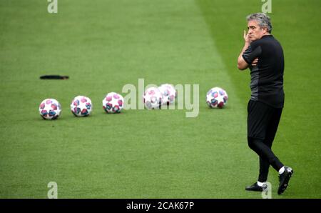 Manchester City assistant coach Juanma Lillo during warm up prior to the UEFA Champions League, round of 16, second leg match at the Etihad Stadium, Manchester. Friday August 7, 2020. See PA story soccer Man City. Photo credit should read: Nick Potts/NMC Pool/PA Wire. RESTRICTIONS: Editorial Use Only, No Commercial Use Stock Photo