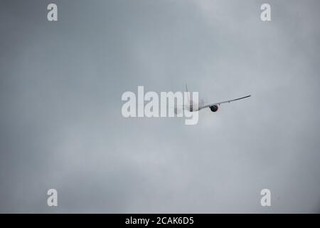 Glasgow, Scotland, UK. 7th Aug, 2020. Pictured: Air India Flight AI1133 from Mumbai which landed at Glasgow International Airport transporting a film crew and cast is seen returning today back to Mumbai. The plane is a Boeing 777-237(LR) aircraft. The film crew who landed last night are to be quarantined for 14 days before starting filming in Ayrshire later this month with Bollywood blockbuster, Bell Bottom, where it's reported the 80s' thriller revolves around a plane hijacking. Credit: Colin Fisher/Ģ����ý Live News Stock Photo
