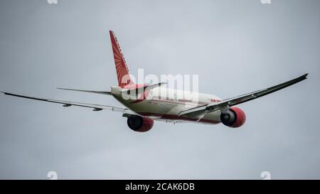 Glasgow, Scotland, UK. 7th Aug, 2020. Pictured: Air India Flight AI1133 from Mumbai which landed at Glasgow International Airport transporting a film crew and cast is seen returning today back to Mumbai. The plane is a Boeing 777-237(LR) aircraft. The film crew who landed last night are to be quarantined for 14 days before starting filming in Ayrshire later this month with Bollywood blockbuster, Bell Bottom, where it's reported the 80s' thriller revolves around a plane hijacking. Credit: Colin Fisher/Ģ����ý Live News Stock Photo