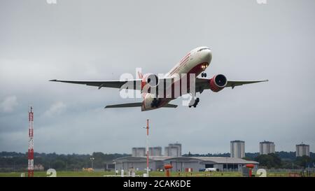 Glasgow, Scotland, UK. 7th Aug, 2020. Pictured: Air India Flight AI1133 from Mumbai which landed at Glasgow International Airport transporting a film crew and cast is seen returning today back to Mumbai. The plane is a Boeing 777-237(LR) aircraft. The film crew who landed last night are to be quarantined for 14 days before starting filming in Ayrshire later this month with Bollywood blockbuster, Bell Bottom, where it's reported the 80s' thriller revolves around a plane hijacking. Credit: Colin Fisher/Ģ����ý Live News Stock Photo